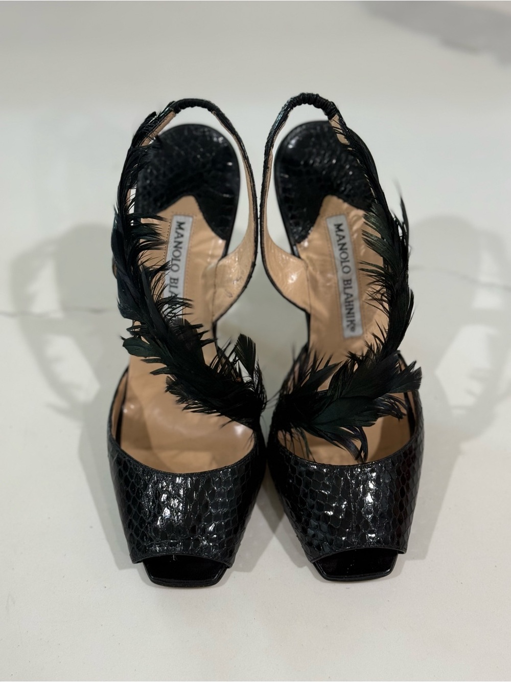 Manolo Blahnik Black Feather Trim Peep-Toe Slingback Heels